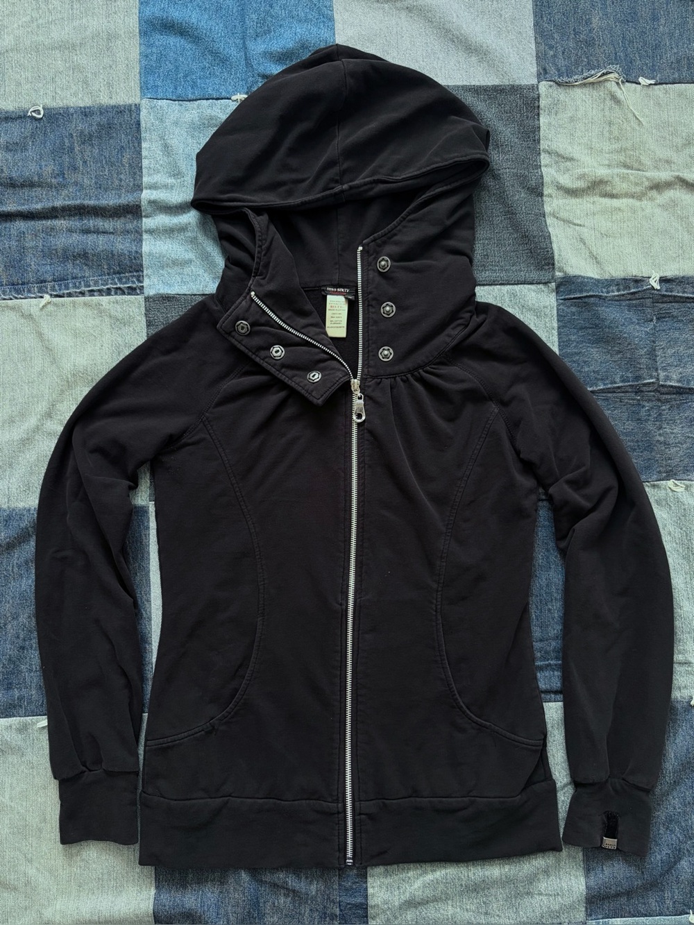Miss Sixty Y2K Black Zip Up Hoodie High Neck Snap Button Funnel Vintage Size S